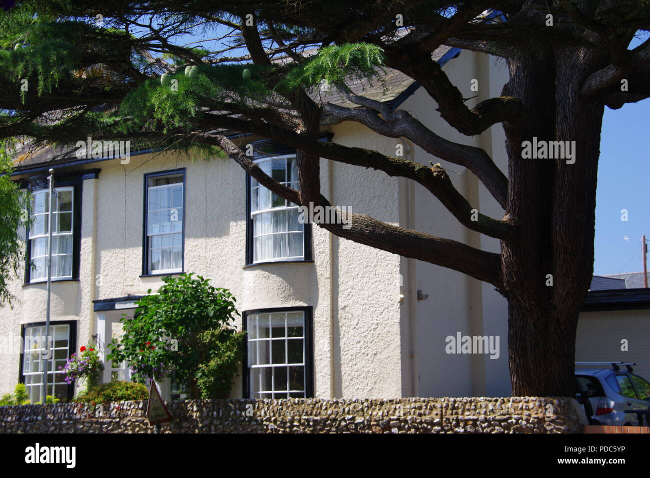 Luxury Victorian House by the Sidmouth Ford, with Majestic Cedar Tree on a Summer Day. East Devon, UK. August, 2018. Stock Photo