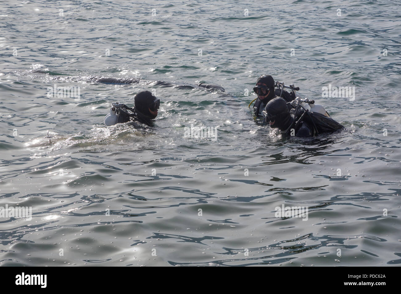 Three (3) male sub-aqua divers in black wetsuits with oxygen bottles swimming in sea with gentle surface waves in the Bay of Kotor, Perast, Montenegro Stock Photo