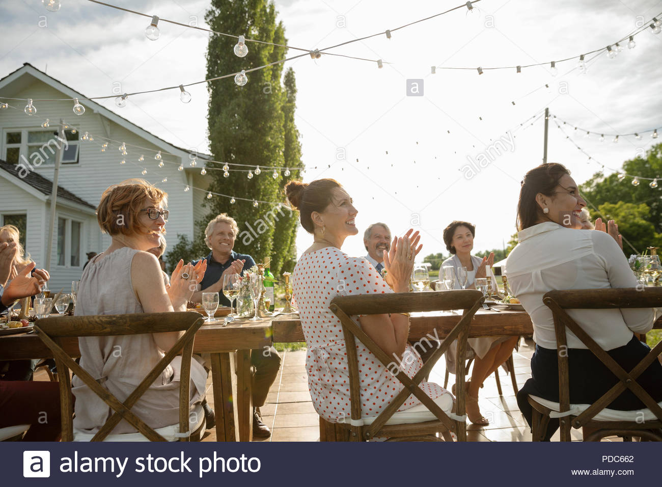 Friends clapping, celebrating at garden party table Stock Photo