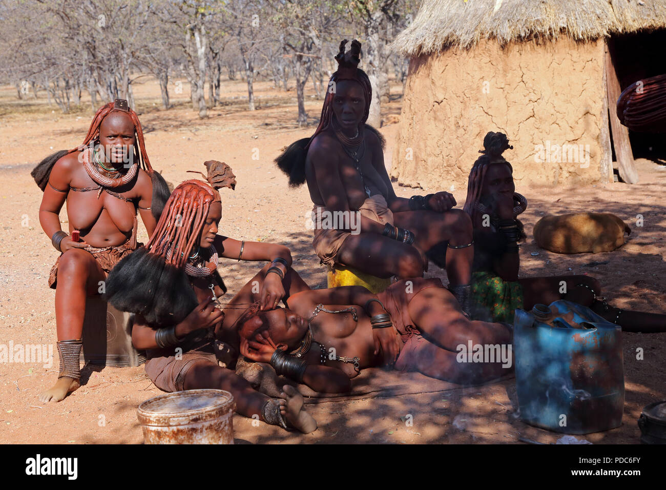 Himba women, Otjikandero village, northern Namibia. Red ochre paste is used to cleanse the skin and help protect themselves against mosquito bites.. Stock Photo