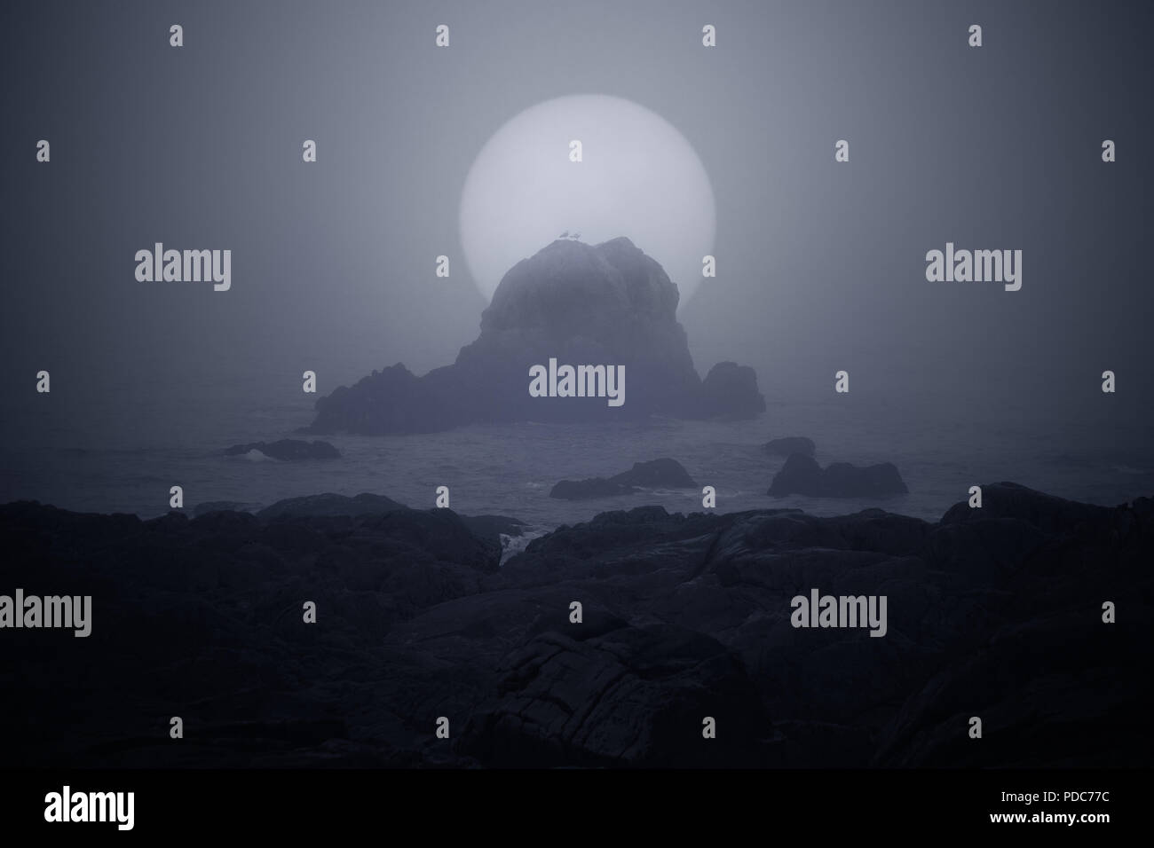 Rocky coast in a foggy full moon night Stock Photo - Alamy