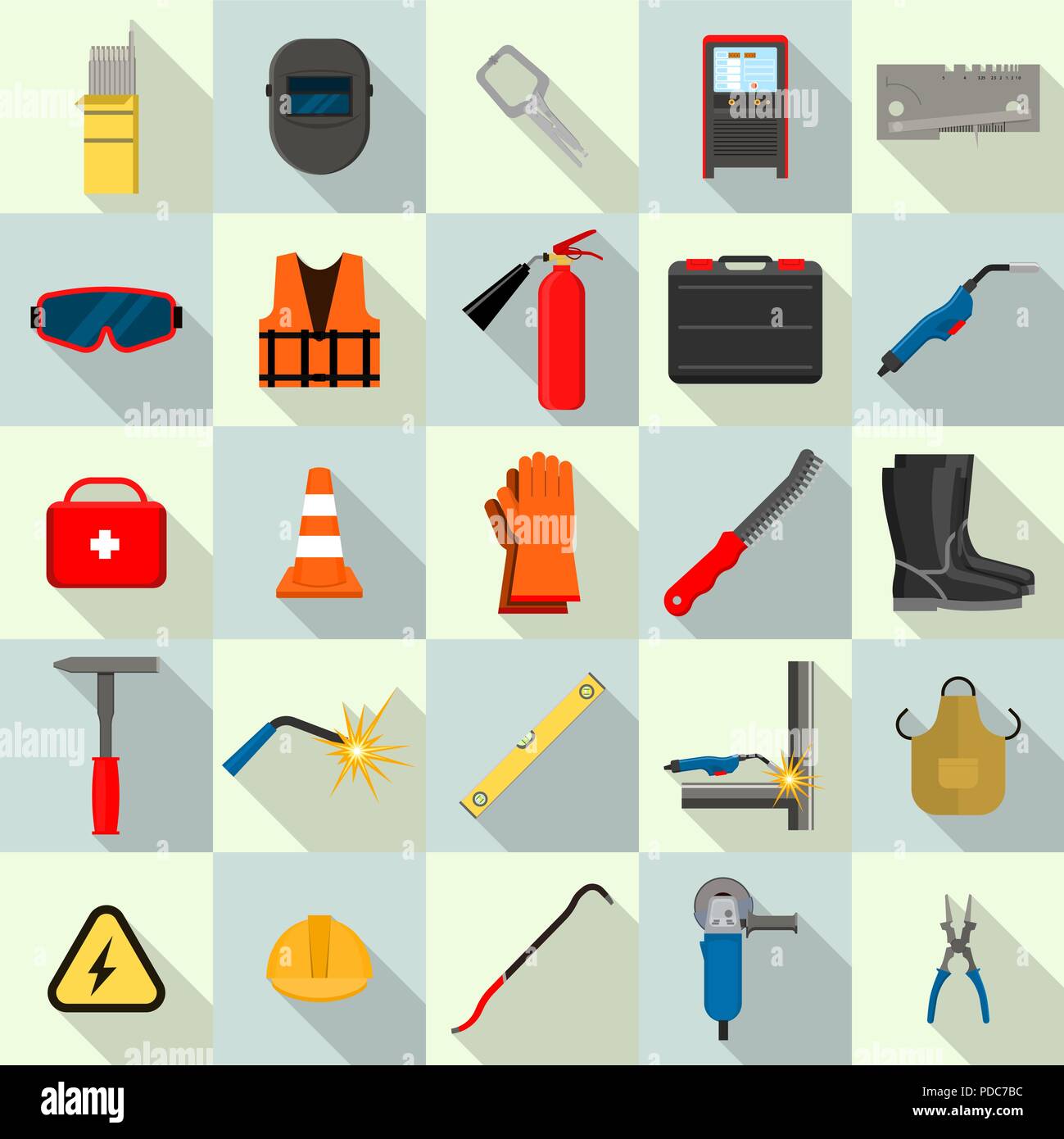 Welder equipment tools icons set, flat style Stock Vector