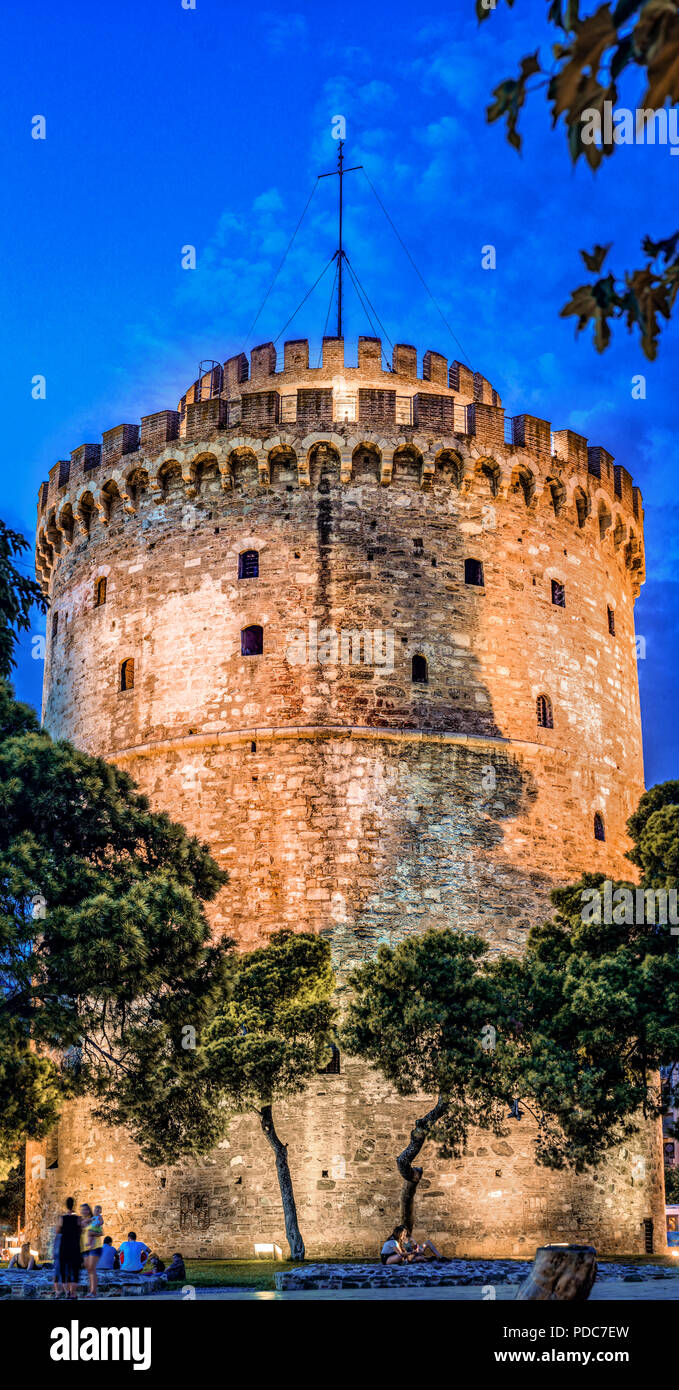 White Tower of Thessaloniki, at dusk hour Stock Photo
