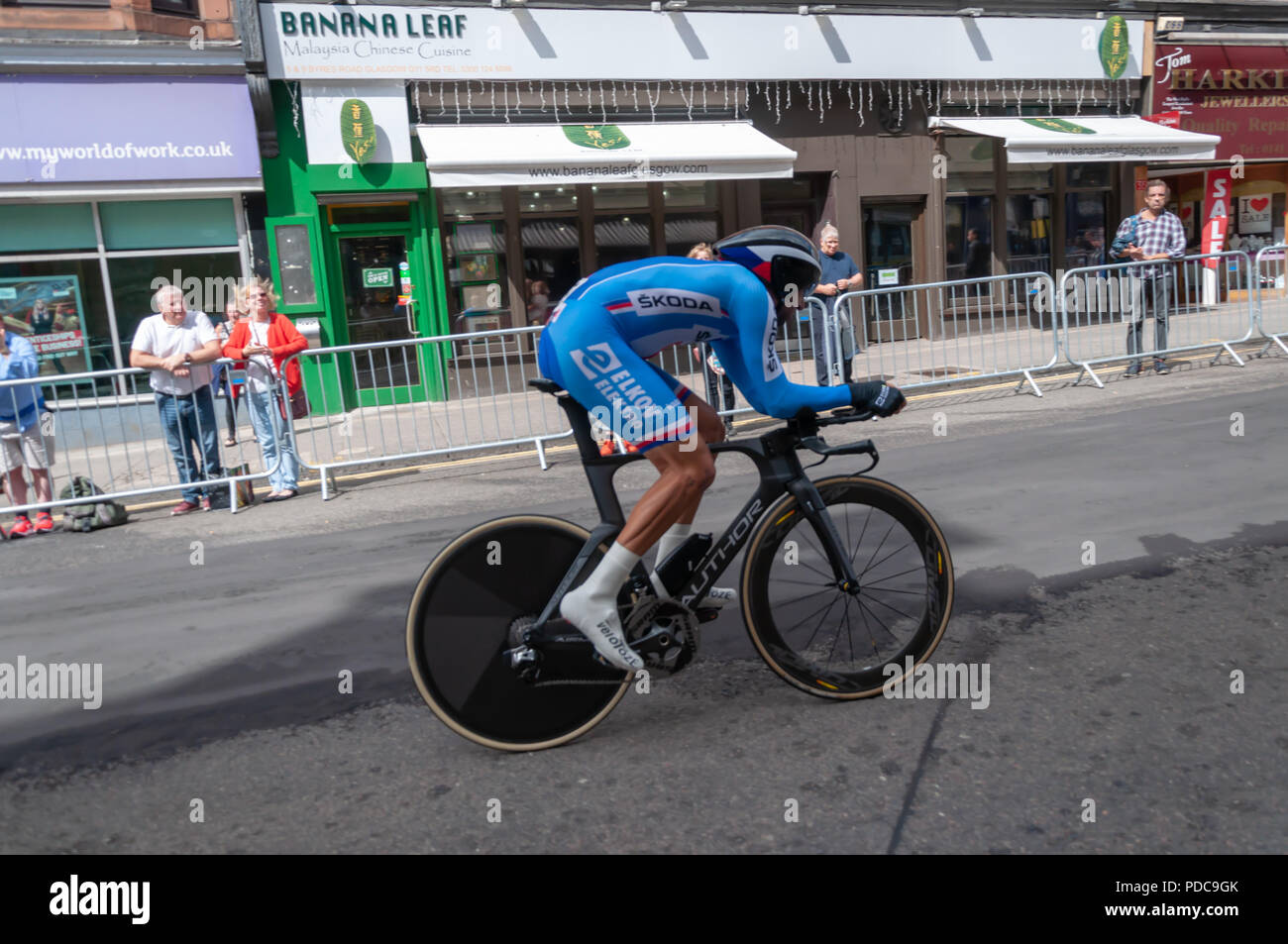 Glasgow, Scotland, UK. 8th August, 2018. Jan Barta of Czech Republic rides along Byres Road in the Men's Road Cycling Time Trials on Day Seven of the European Championships Glasgow 2018. Credit: Skully/Alamy Live News Stock Photo