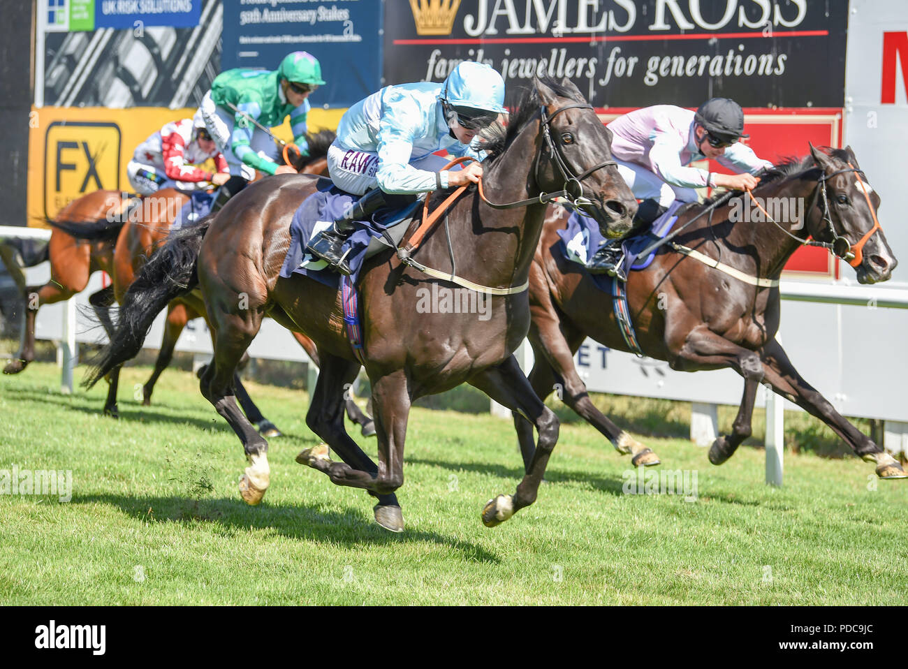Brighton UK 8th August 2018 - Pastoral Player ridden by Charlie Bennett (closest to camera) romps home to win the Bombardier Brighton Mile Challenge Trophy at the Brighton Races Marathonbet Festival of Racing Marstons Opening Day  Credit: Simon Dack/Alamy Live News Stock Photo