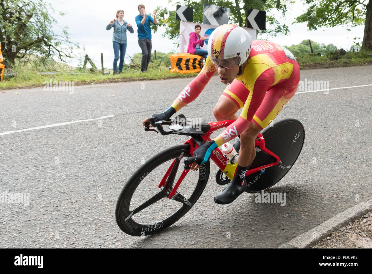 Strathblane, Glasgow, Scotland, UK - 8 August 2018: European Championships mens cycling time trial - silver medalist Jonathan Castroviejo (Spain) riding through the village of Strathblane  Credit: Kay Roxby/Alamy Live News Stock Photo