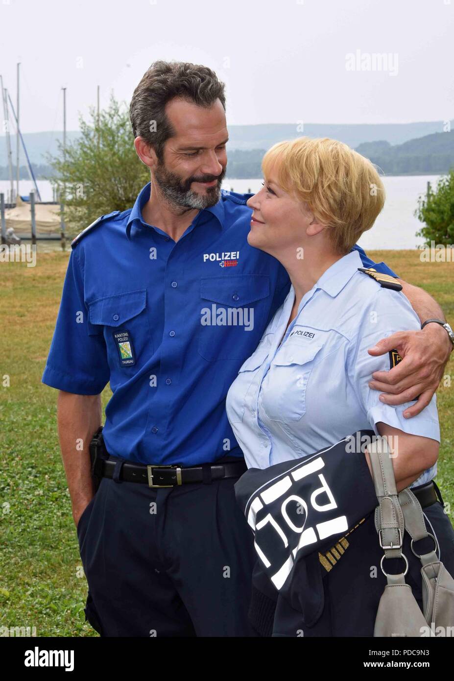 Radolfzell, Germany. 08th Aug, 2018. The actors Floriane Daniel (plays the role of Nele Fehrenbach) and Martin Rapold (plays the role of Captain Adrian Aubry) are the new lovers in the series 'WaPo Bodensee' (lit. Water Police Lake Constance), episode 'Seidenstrasse' (lit. silk street). The series is to be broadcasted on the German TV channel ARD at the beginning of 2019 on Tuesdays at 6.50 p.m. Credit: Ursula Düren/dpa/Alamy Live News Stock Photo