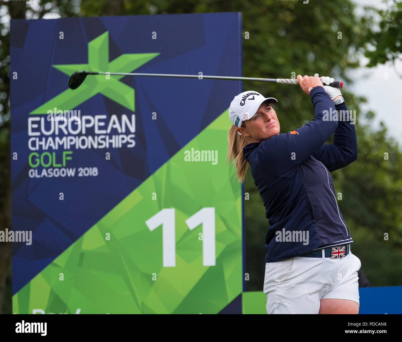 Gleneagles, Scotland, UK; 8 August, 2018.  European Championships 2018. Day one of golf competition at Gleneagles..Men's and Women's Team Championships Round Robin Group Stage - 1st Round. Four Ball Match Play format. Match 13 Great Britain 2 v Sweden 1 Ladies. Catriona Matthew and Holly Clyburn won 3 and 2. Holly Clyburn  tees off on the 11th hole Credit: Iain Masterton/Alamy Live News Stock Photo