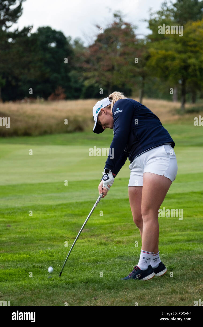 Gleneagles, Scotland, UK; 8 August, 2018.  European Championships 2018. Day one of golf competition at Gleneagles..Men's and Women's Team Championships Round Robin Group Stage - 1st Round. Four Ball Match Play format. Match 13 Great Britain 2 v Sweden 1 Ladies. Catriona Matthew and Holly Clyburn won 3 and 2. Pictured; Holly Clyburn plays approach shot Credit: Iain Masterton/Alamy Live News Stock Photo