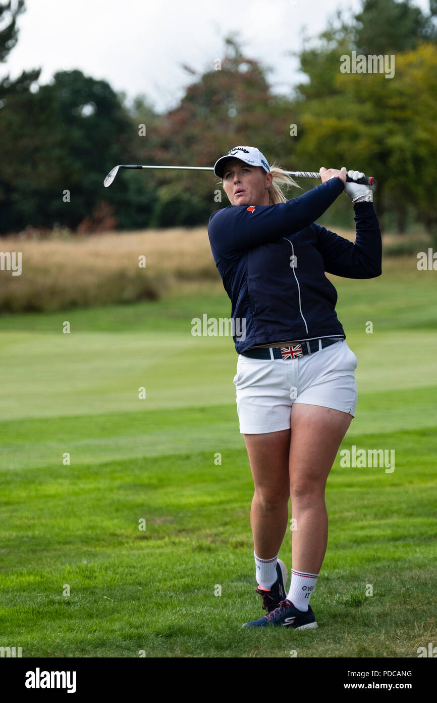 Gleneagles, Scotland, UK; 8 August, 2018.  European Championships 2018. Day one of golf competition at Gleneagles..Men's and Women's Team Championships Round Robin Group Stage - 1st Round. Four Ball Match Play format. Match 13 Great Britain 2 v Sweden 1 Ladies. Catriona Matthew and Holly Clyburn won 3 and 2. Pictured; Holly Clyburn plays approach shot Credit: Iain Masterton/Alamy Live News Stock Photo