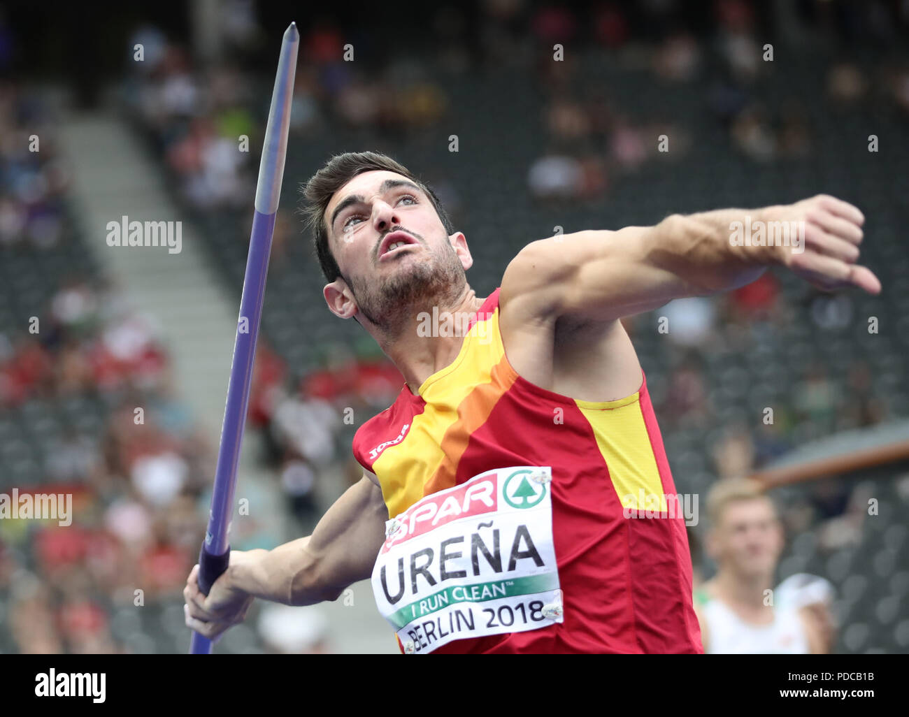 Berlin, Germany. 08th Aug, 2018. Athletics, European Championships in the Olympic Stadium: Decathlon, javelin, men, Jorge Urena from Spain in action. Credit: Michael Kappeler/dpa/Alamy Live News Stock Photo