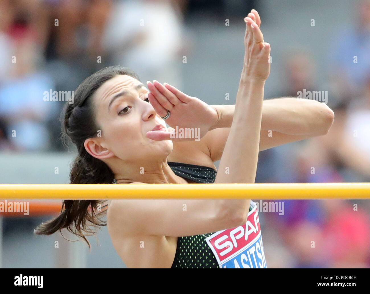 Berlin, Germany. 08th Aug, 2018. Athletics, European Championships in the Olympic Stadium: Highjump, Women, Qualification, Mariya Lasitskene of the neutral team of Russian athletes in action. Credit: Michael Kappeler/dpa/Alamy Live News Stock Photo