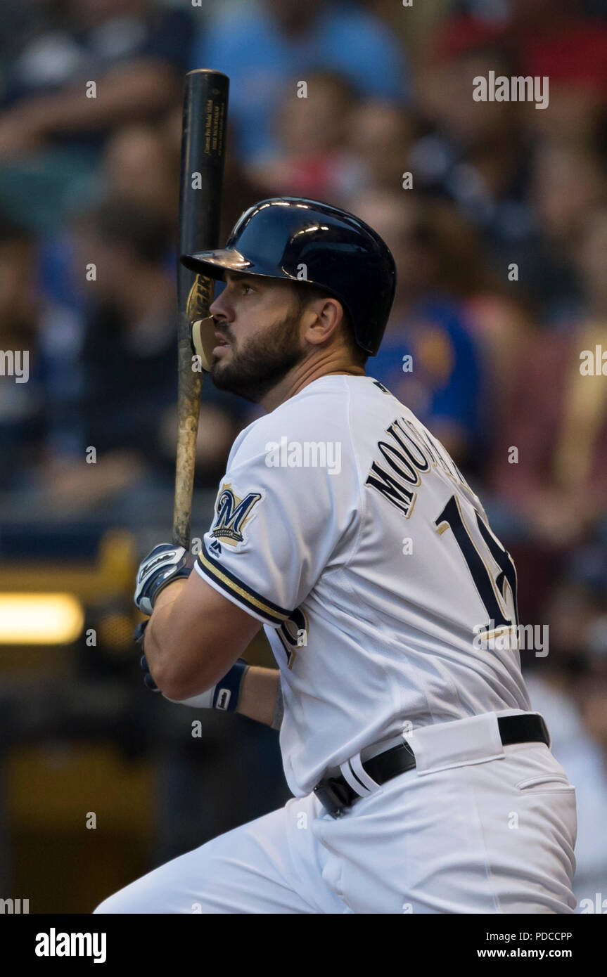August 24, 2018: Milwaukee Brewers third baseman Mike Moustakas #18 during  the Major League Baseball game between the Milwaukee Brewers and the  Pittsburgh Pirates at Miller Park in Milwaukee, WI. John Fisher/CSM