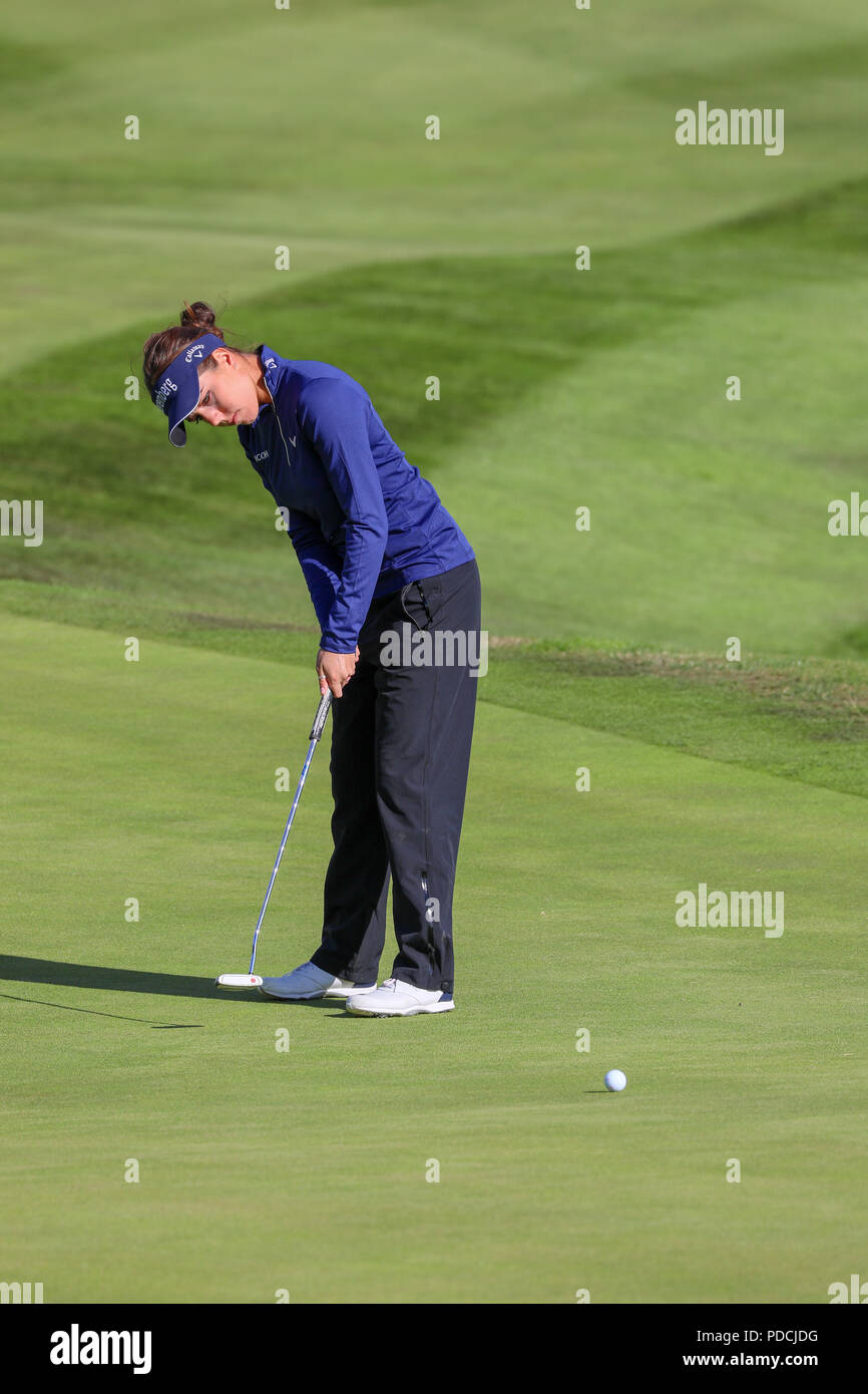 Gleneagles PGA Centenary Course, Perthshire, UK. 9th August 2018. Georgia Hall and Laura Davies, representing Great Britain (1) teed off at 9.00am in the game against Isi Gabsa and Leticia Ras-Anderica who were playing for Germany (2). Credit: Findlay/Alamy Live News Stock Photo