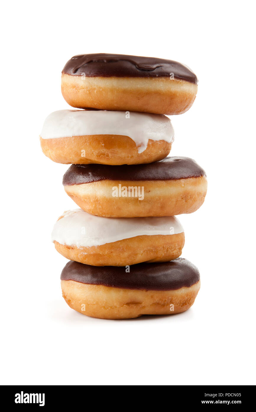 five donuts with chocolate and sugar coating stacked Stock Photo