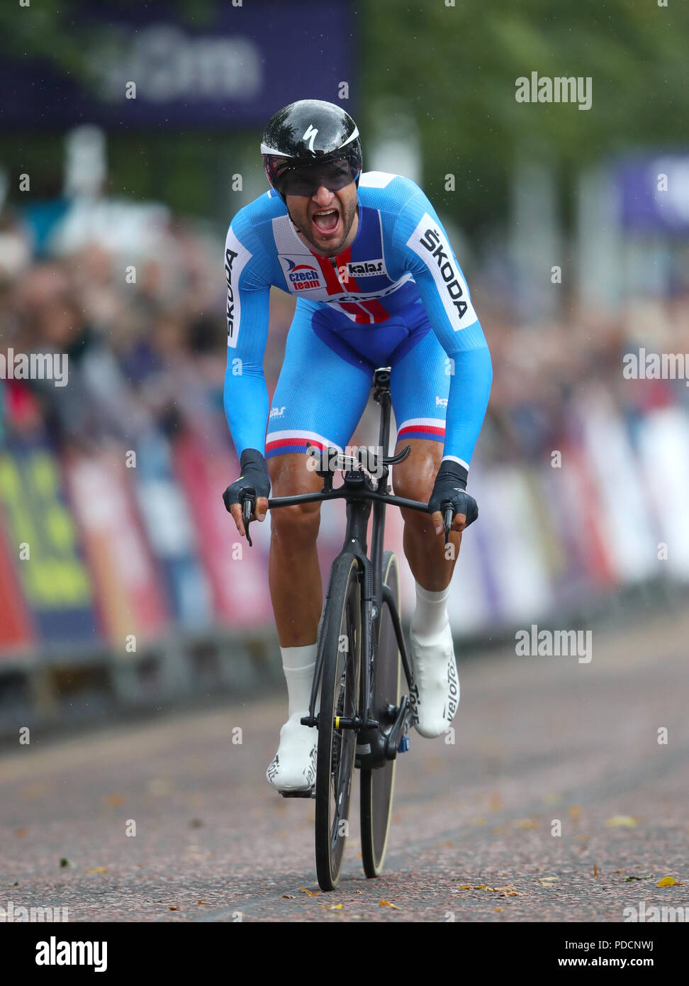 Czech Republic's Jan Barta crosses the finish line in the Men's Time Trial during day seven of the 2018 European Championships at the Glasgow Cycling Road Race Course. PRESS ASSOCIATION Photo. Picture date: Wednesday August 8, 2018. See PA story CYCLING European. Photo credit should read: John Walton/PA Wire. RESTRICTIONS: Editorial use only, no commercial use without prior permission Stock Photo