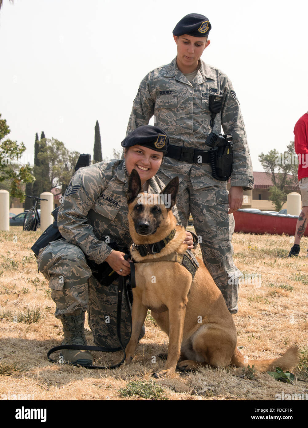 U.S. Air Force Staff Sgt. Miranda Kalander, SSgt Deveraux Burney and military working dog BBravo, all from the 60th Security Forces pause for a photo while attending the Rock the Block Festival at Travis Air Force Base, Calif., August 3, 2018. Patrons were treated to a variety of activities to include Mobility from the U.S. Band of the Golden West, carnival rides, games, kid’s fun zone, free food, and food trucks. (U.S. Air Force photo by Heide Couch) Stock Photo