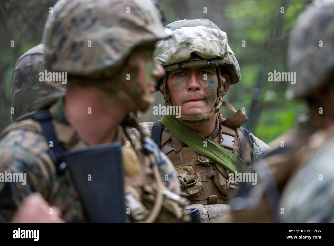 U.S. Marine Corps Lance Cpl. Cole Cunningham, a mortarman with 3rd Battalion, 23rd Marine Regiment, waits to conduct a patrol mission while competing in the 4th Marine Division Super Squad Competition at Joint Base Elmendorf-Richardson, Alaska, Aug. 4, 2018. During the competition, squads from 1st and 3rd Battalions, 23rd Marine Regiment and 1st Battalion, 24th Marine Regiment, exercised their technical and tactical proficiencies by competing in events that highlighted offensive/defensive operations, patrolling techniques, combat marksmanship, physical endurance and small unit leadership. Cunn Stock Photo