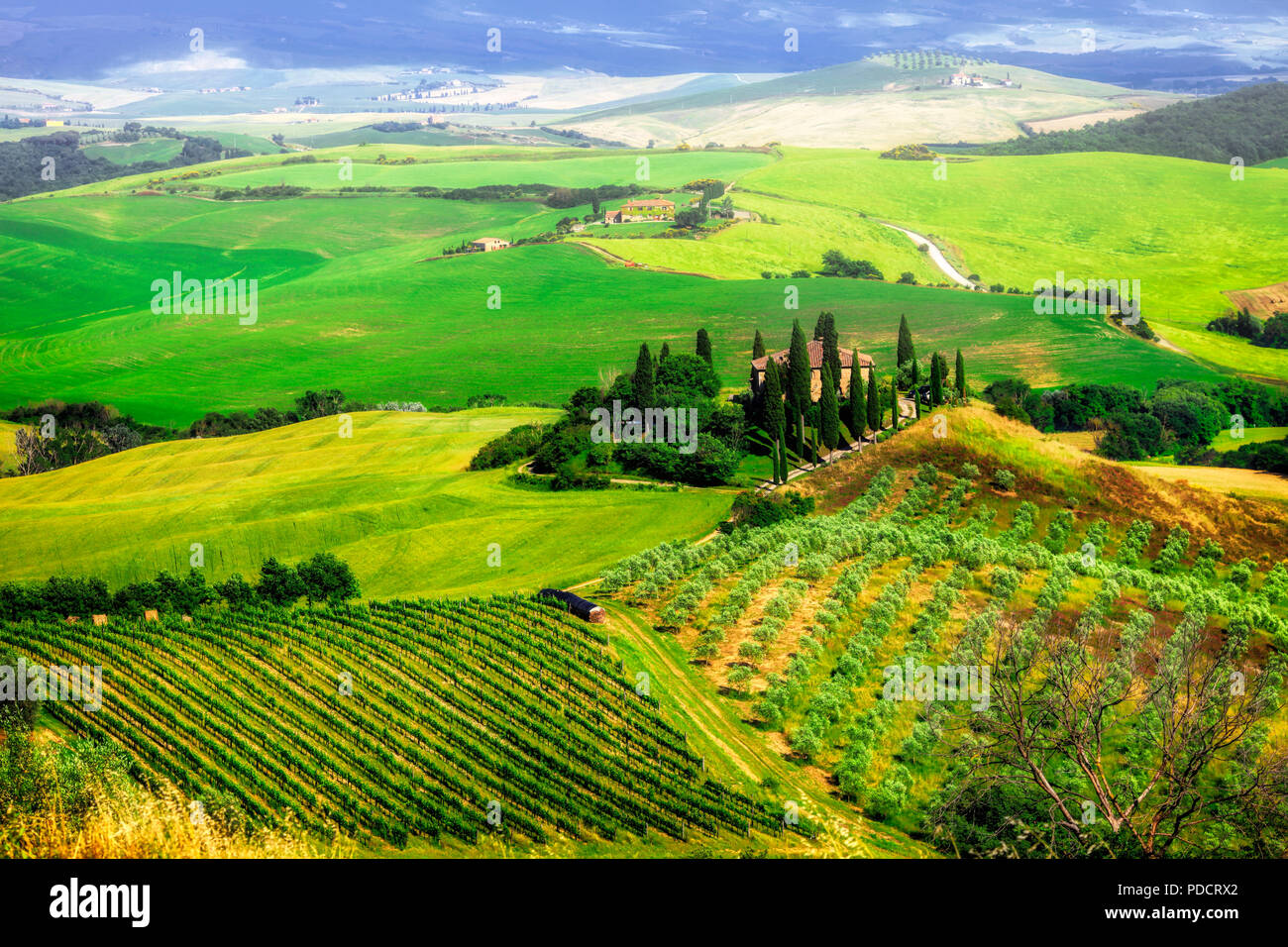 Impressive landscape of Tuscany,panoramic view,Val d’ Orcia,Italy. Stock Photo