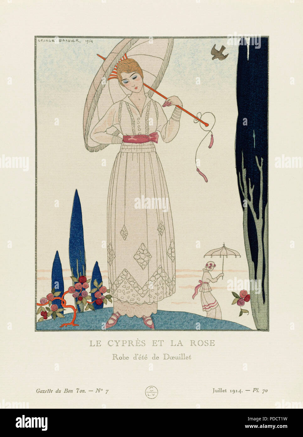 Le Cypres et la Rose.  The Cypress and the Rose.  Robe d'été de Georges Doeuillet. Summer dress by Georges Doeuillet.   Art-deco fashion illustration by French artist George Barbier, 1882-1932.  The work was created for the Gazette du Bon Ton, a Parisian fashion magazine published between 1912-1915 and 1919-1925. Stock Photo