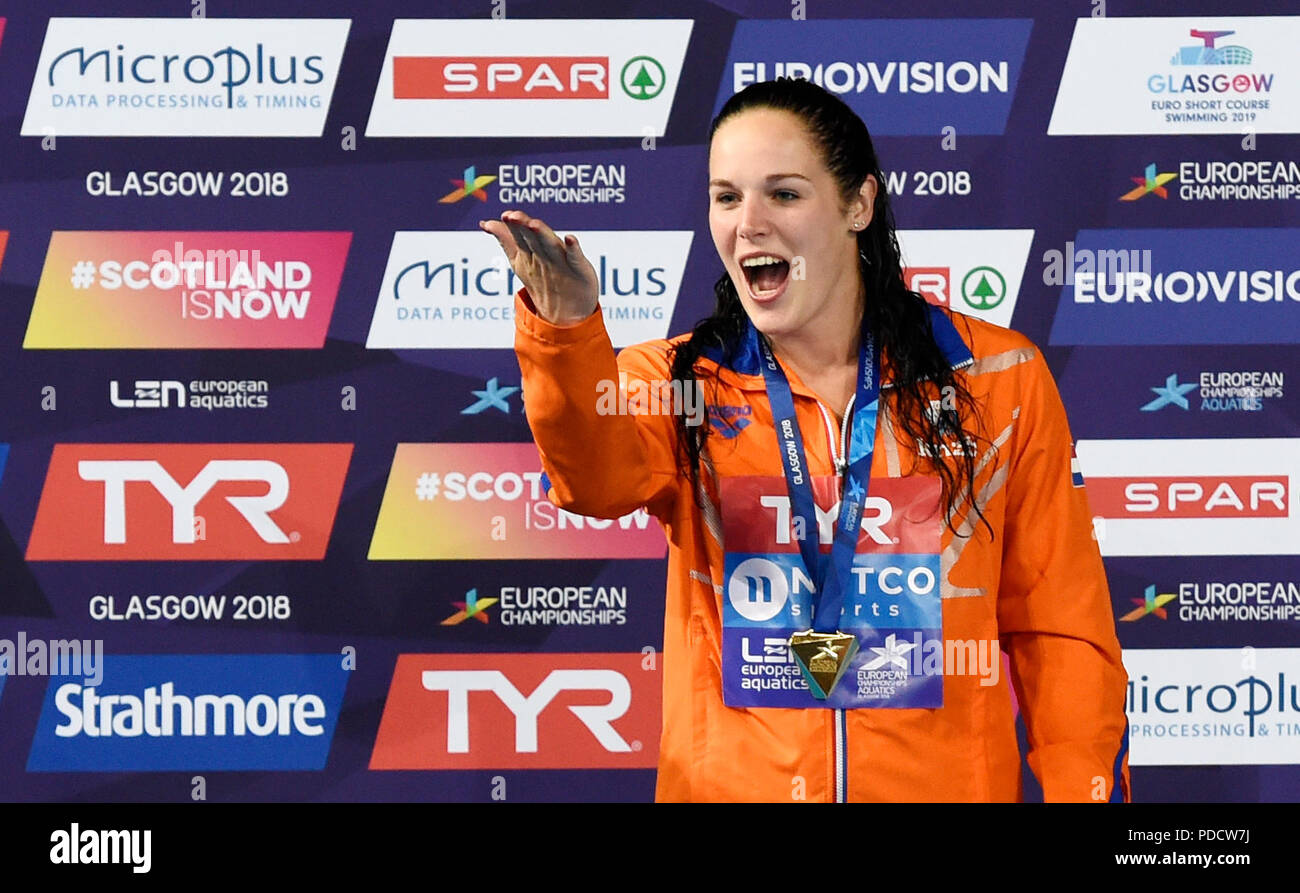 Netherland's Celine Maria Van Duijn (gold) on the podium for the Women's 10m Platform dive during day seven of the 2018 European Championships at Scotstoun Sports Campus, Glasgow. Stock Photo