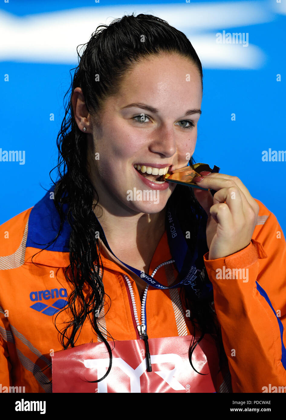 Netherlands' Celina Maria Van Duijn (gold) on the podium for the Women's 10m Platform Final during day seven of the 2018 European Championships at Scotstoun Sports Campus, Glasgow. Stock Photo