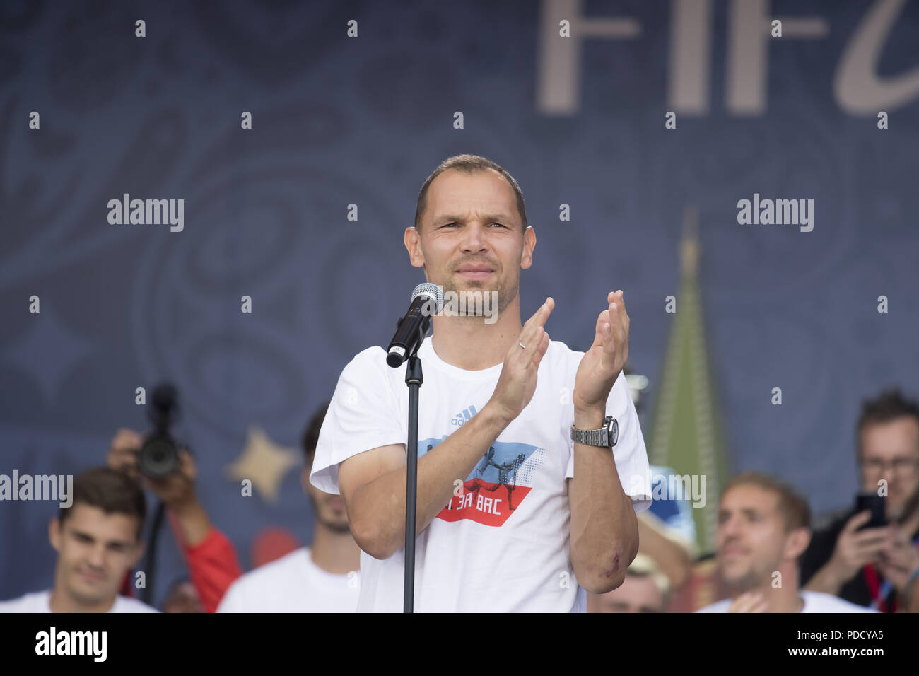 Russia football team press conference during the FIFA World Cup in Moscow, Russia  Featuring: Sergei Ignashevich Where: Moscow, Russian Federation When: 08 Jul 2018 Credit: Anthony Stanley/WENN.com Stock Photo
