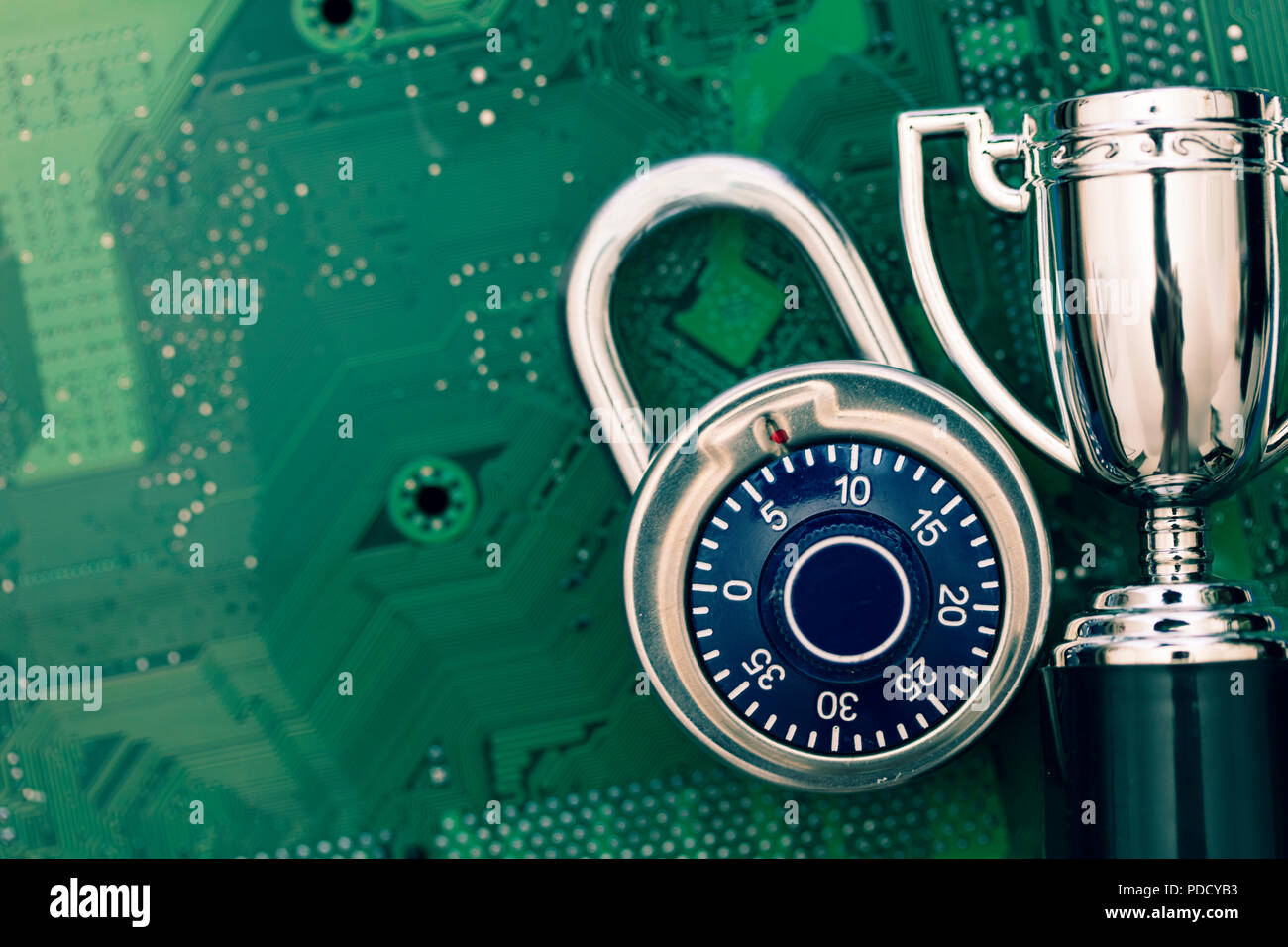 Data security expert. Padlock and trophy on a computer electronic circuit board. Stock Photo
