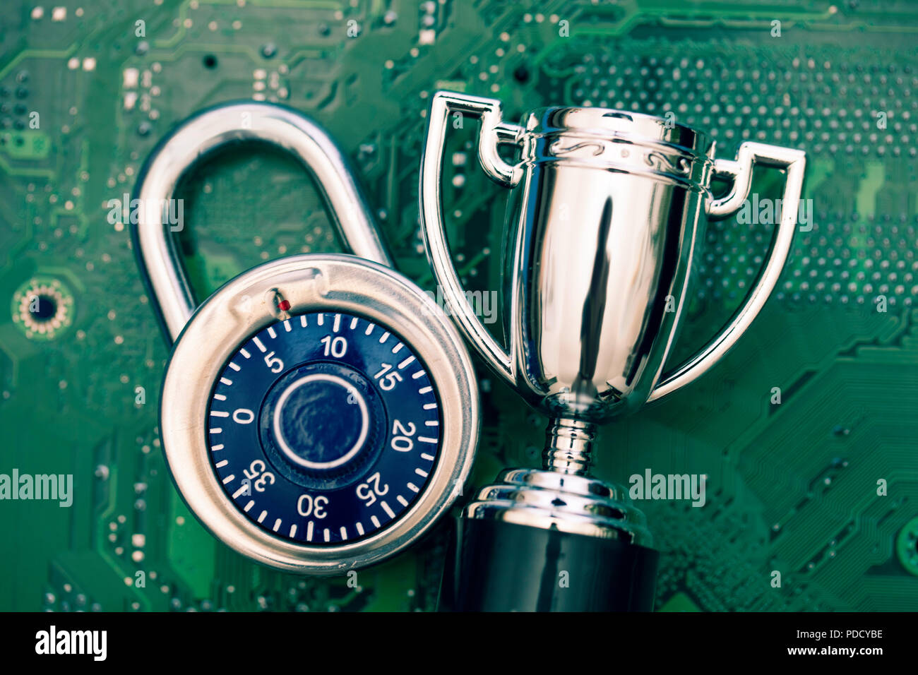 Data security expert. Padlock and trophy on a computer electronic circuit board. Stock Photo