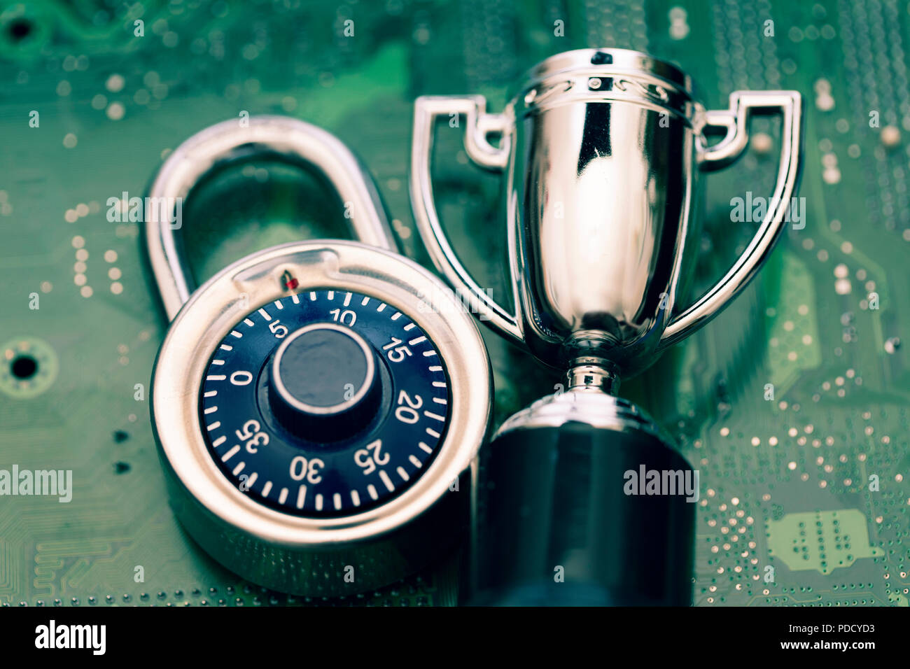 Data security expert. Padlock and trophy on a computer electronic circuit board. Stock Photo