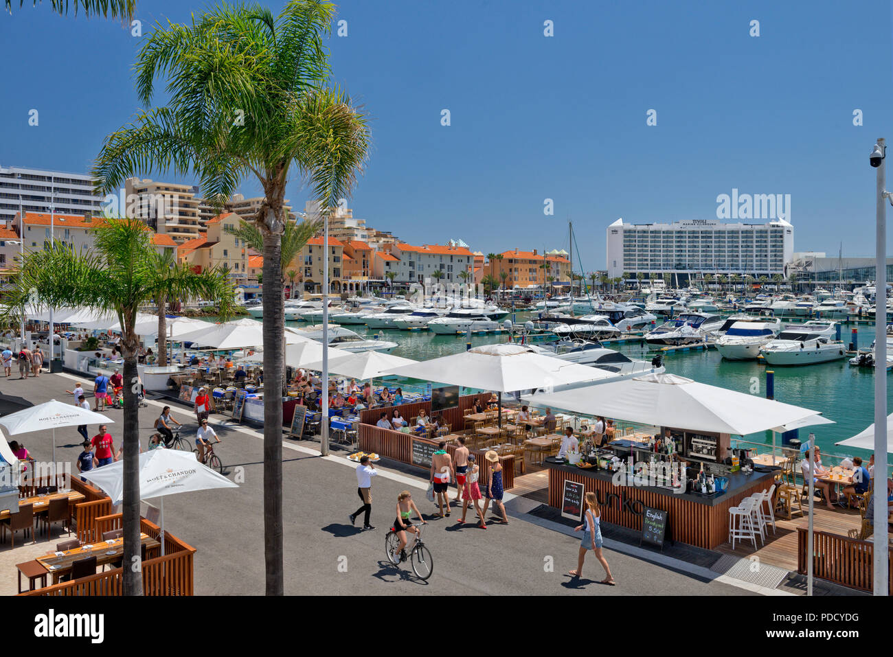 Vilamoura Marina and Tivoli Marina hotel, the promenade and restaurants Stock Photo