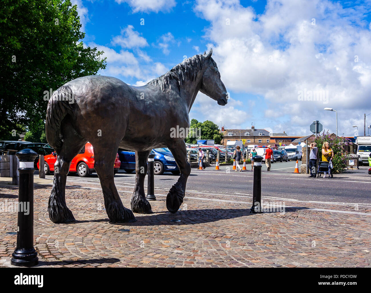 Shire Horse statue at entrance to town centre regeneration of Eldridge Pope Brewery Site - Brewery Square, Dorchester, Dorset, UK on 8 August 2018 Stock Photo