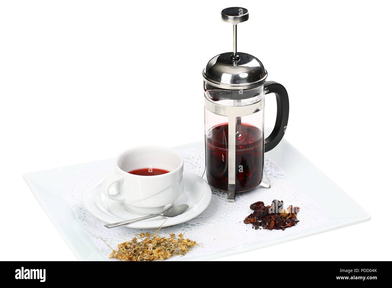 French press with cup of herbal tea on 