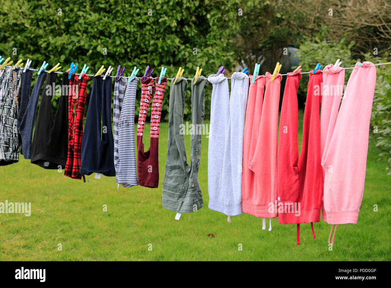 Clothes drying, laundry on washing line with multicoloured clothes pegs