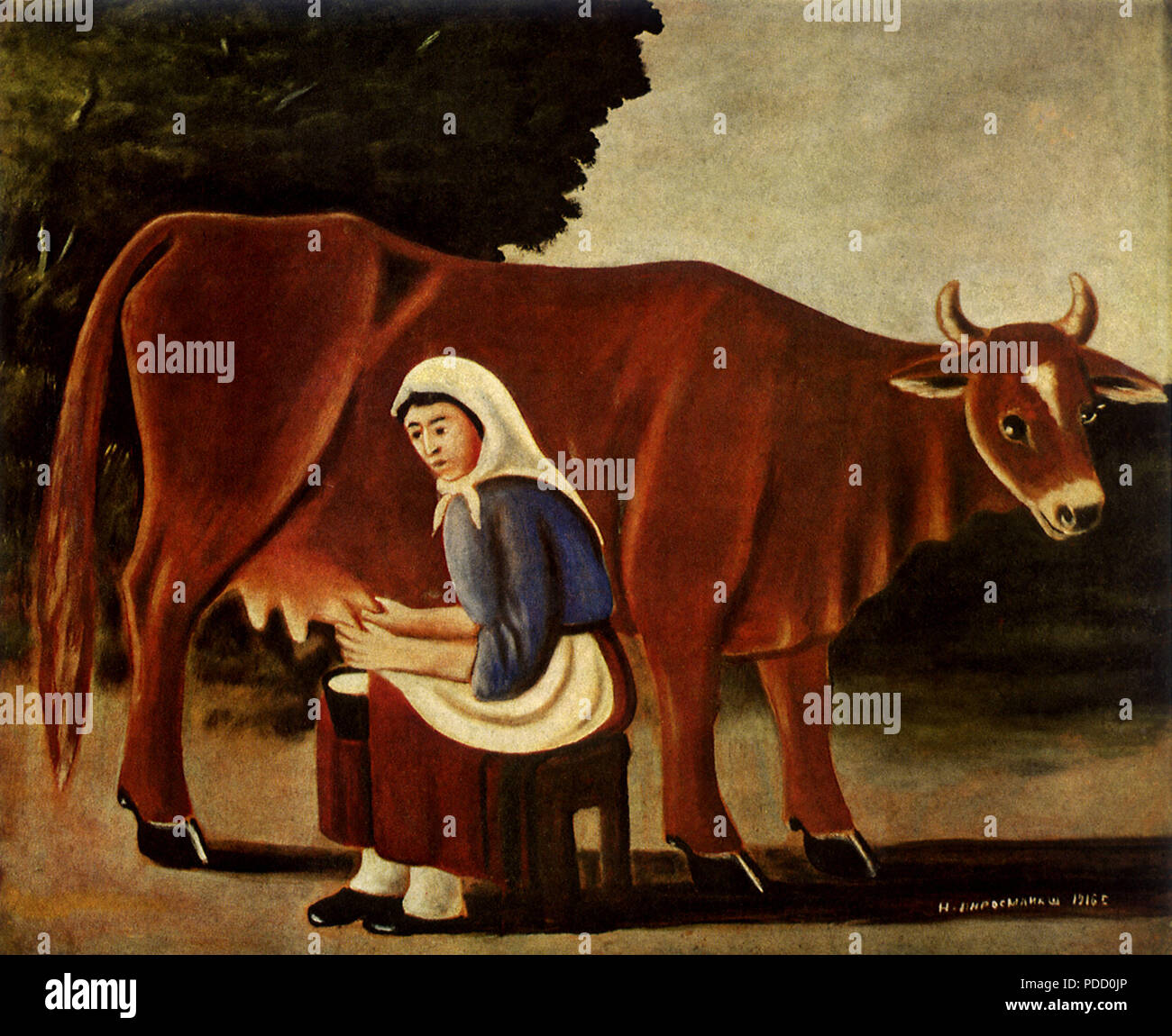 Woman Milking Cow, Pirosmani, Niko, 1916. Stock Photo