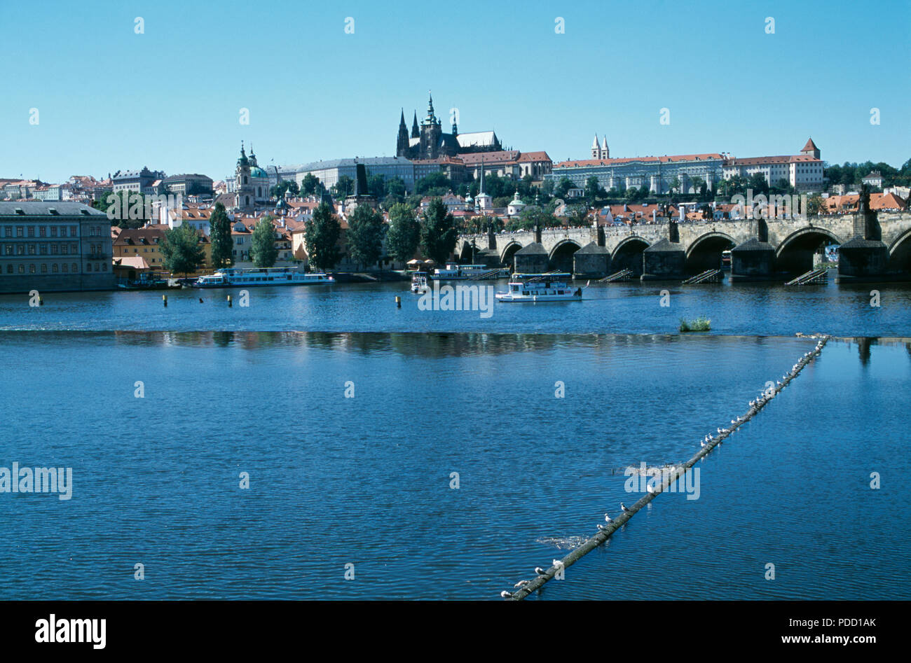 City of Prague with view of the Charles Bridge of Mala Strana Tower Stock Photo