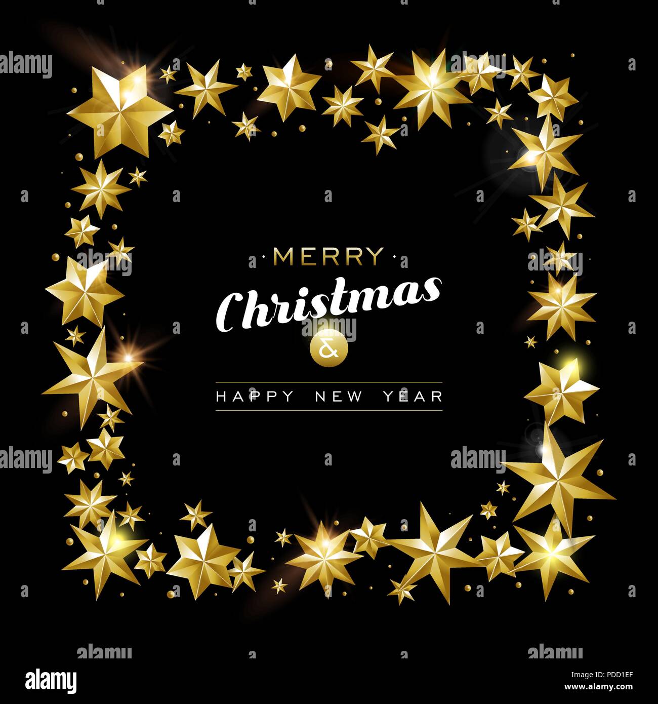 Merry Christmas, New Year greeting card with realistic gold stars and ...