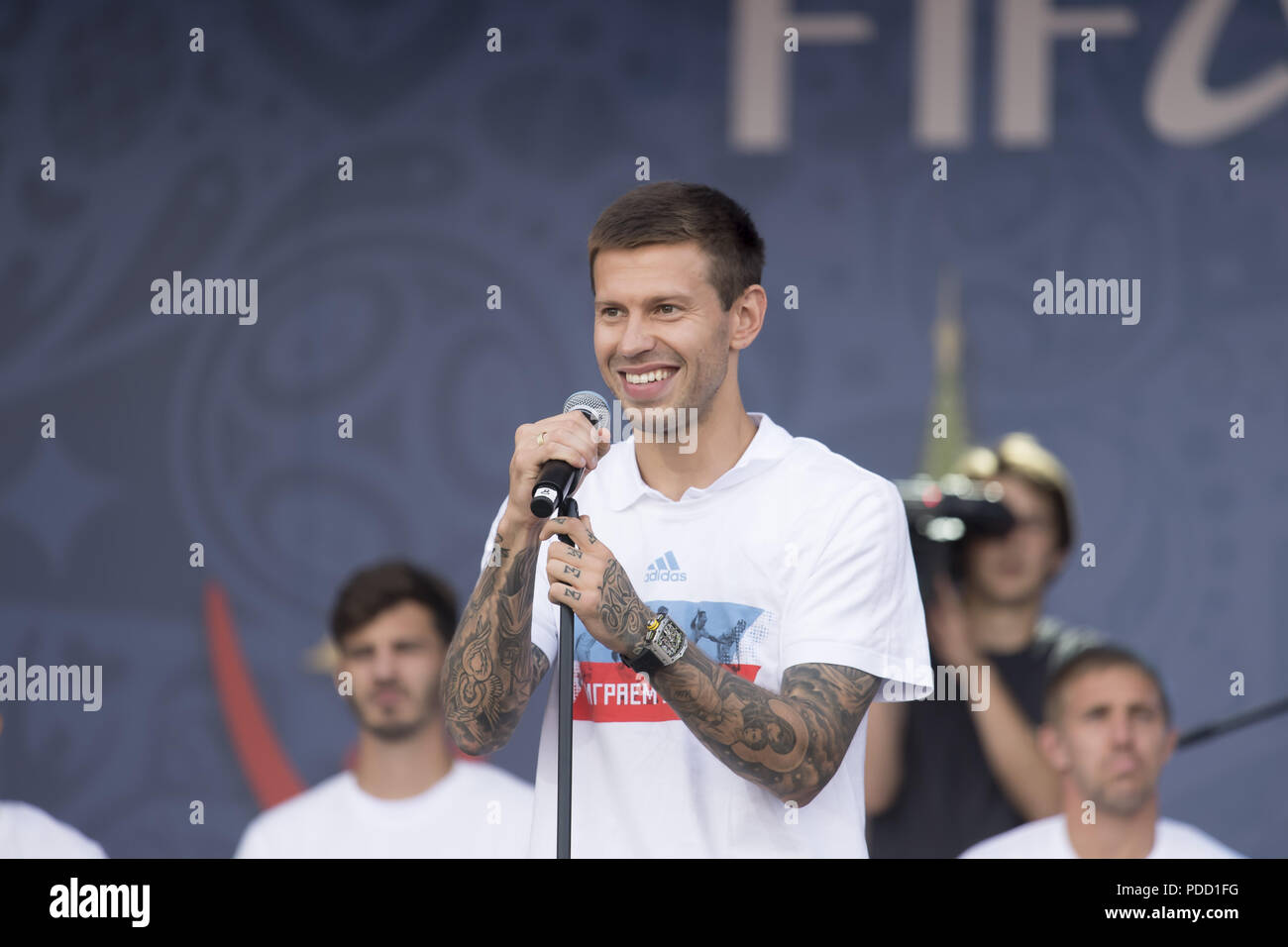 Russia football team press conference during the FIFA World Cup in Moscow, Russia  Featuring: Fyodor Smolov Where: Moscow, Russian Federation When: 08 Jul 2018 Credit: Anthony Stanley/WENN.com Stock Photo