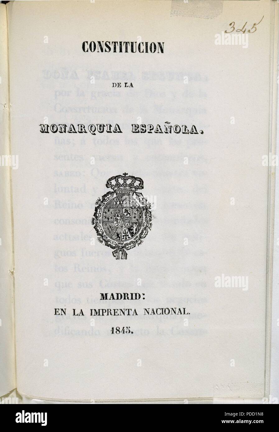CONSTITUCION DE LA MONARQUIA ESPAÑOLA - MADRID IMPRENTA NACIONAL 1845 - PORTADA. Location: CONGRESO DE LOS DIPUTADOS-BIBLIOTECA, MADRID, SPAIN. Stock Photo