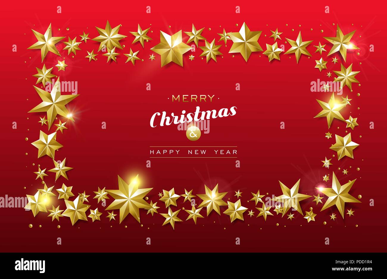 Merry Christmas, New Year greeting card with realistic gold stars and ...