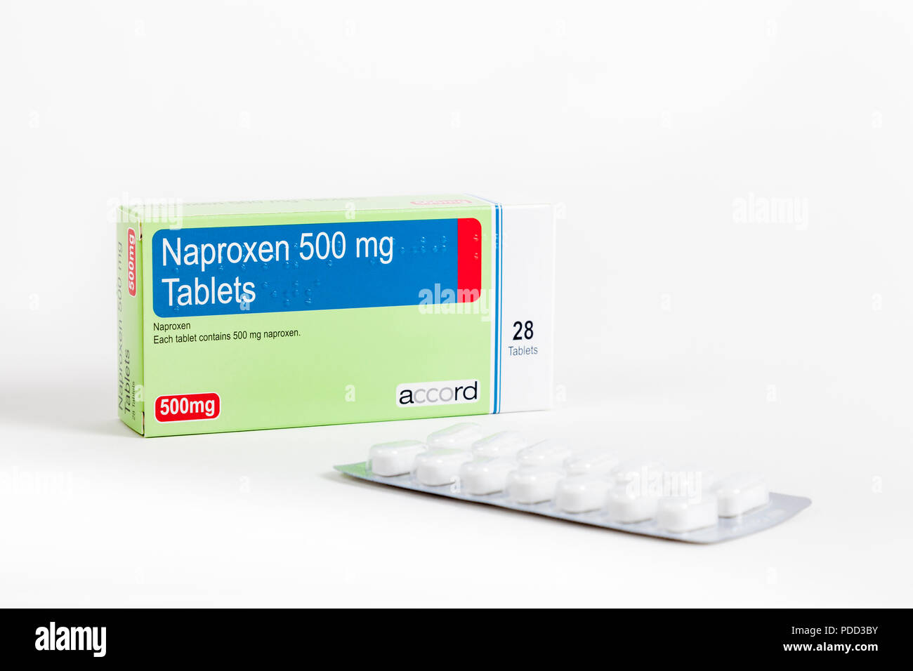 Box of 28 Naproxen 500mg tablets made by Accord. A non-steroidal anti-inflammatory (NSAID) drug for pain relief and reducing inflammation Stock Photo
