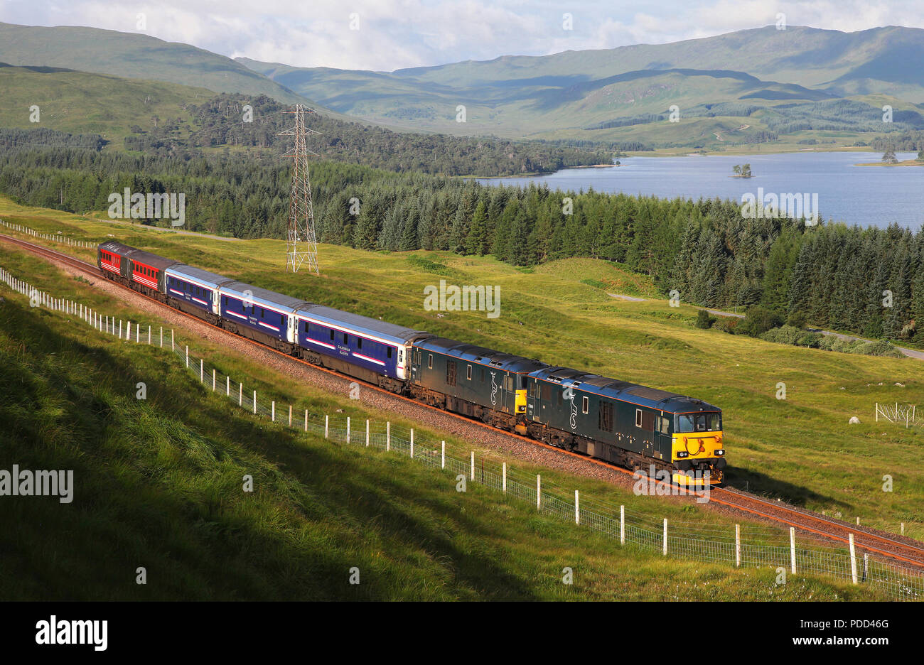 73966 & 73968 heads the Caledonian sleeper  past Achallader on the West Highland Railway 1.8.16 Stock Photo