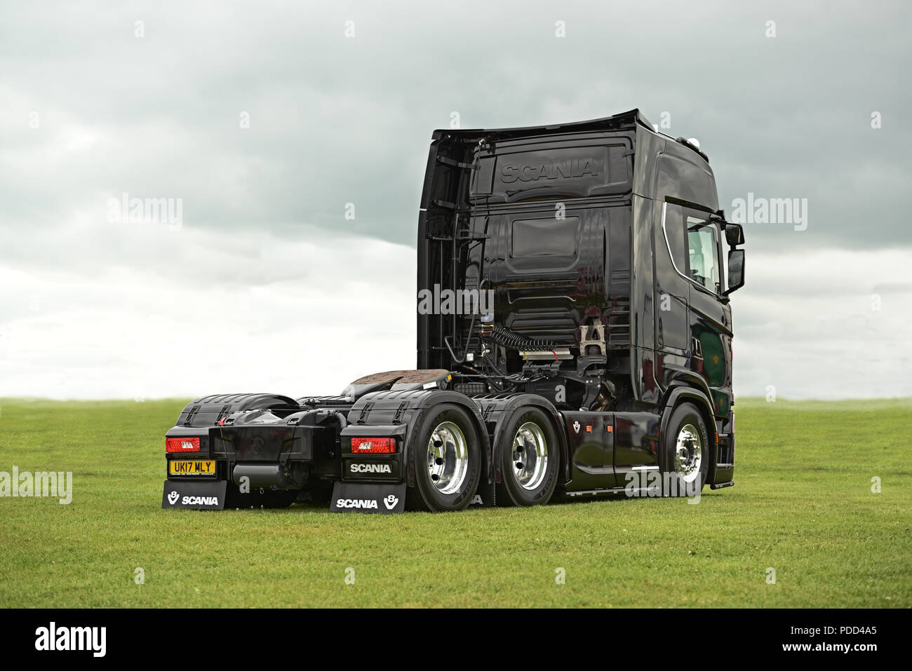 Rear view of 'Next Generation' Scania S650 V8 standing on grass Stock Photo