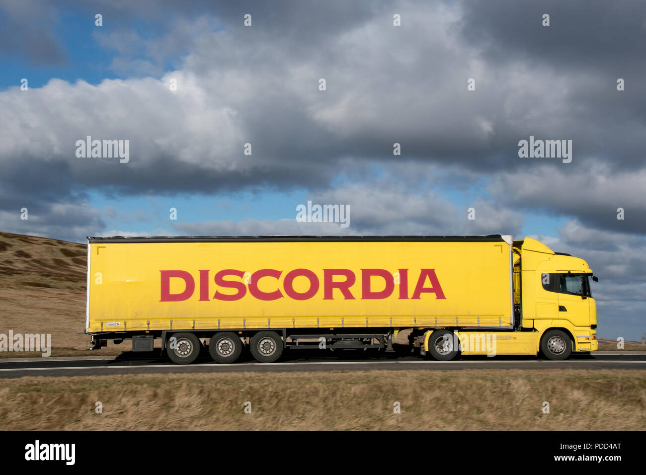 Scania truck from Bulgarian logistics group Discordia driving on the Woodhead Pass, Yorkshire, UK Stock Photo