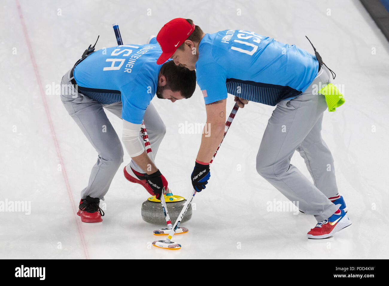 Team USA vs Team Sweden competing in the Curling Gold Medal Game at the Olympic Winter Games PyeongChang 2018 Stock Photo