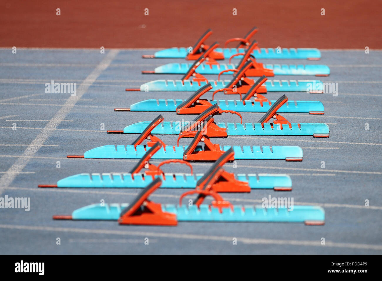 Blue and Orange Starting Blocks in Track and Field Stock Photo Alamy