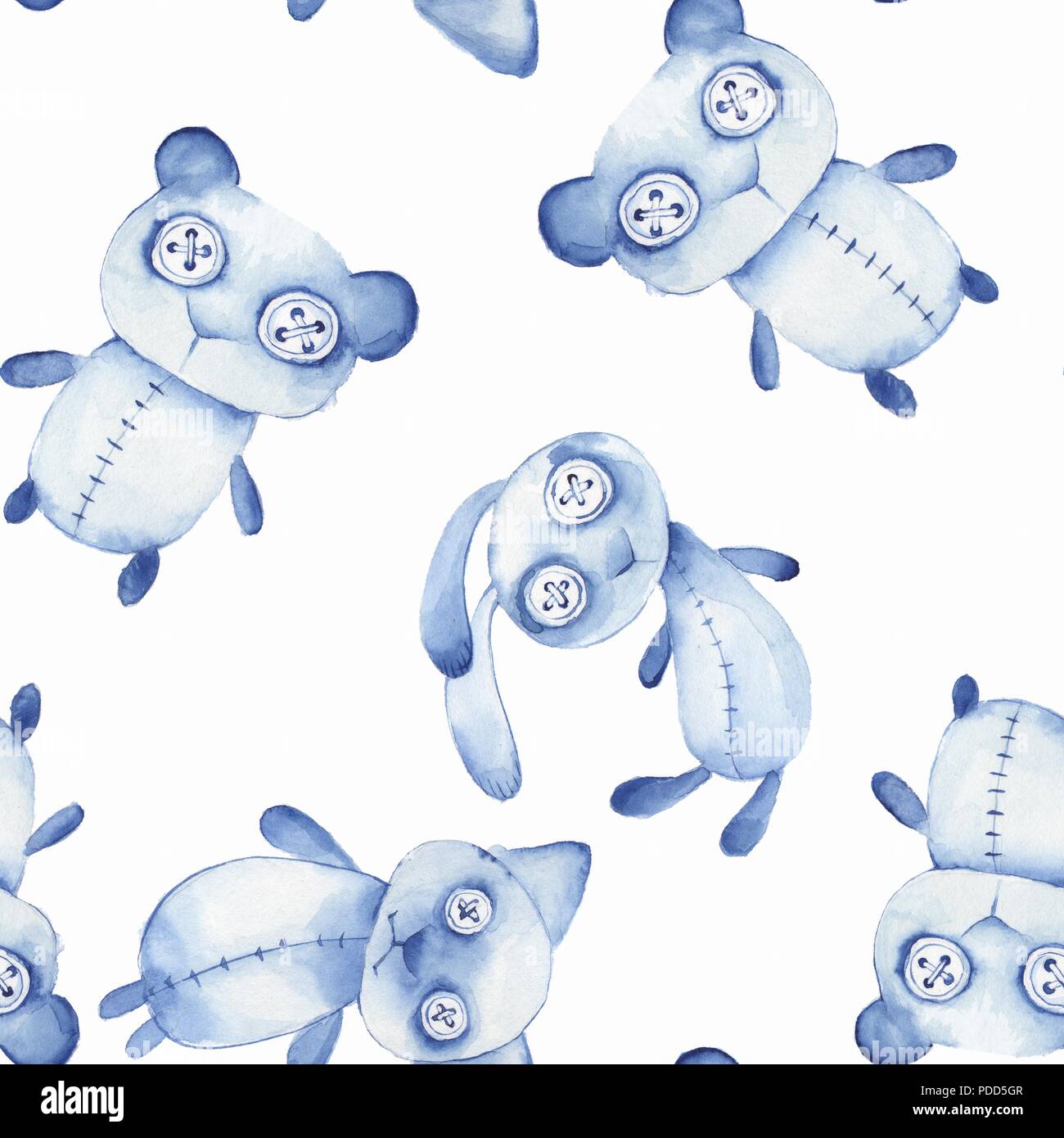 Seamless pattern with hand made toys. Watercolor creepy Teddy bear Stock Photo