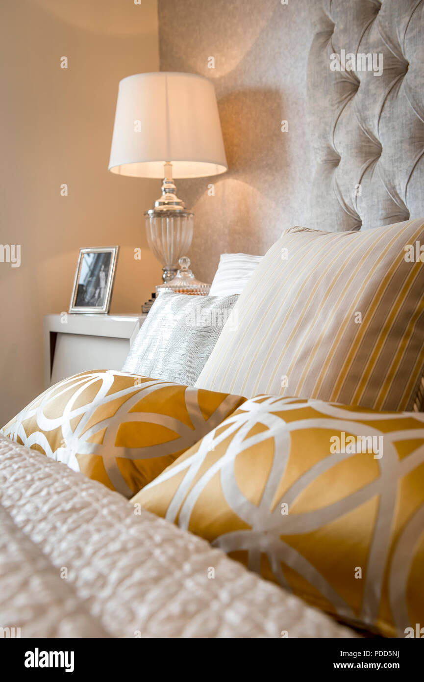 Decorative Pillows On Bed Arrangement With Bedroom Lamps And Bedside Tables  Stock Photo, Picture and Royalty Free Image. Image 103352867.