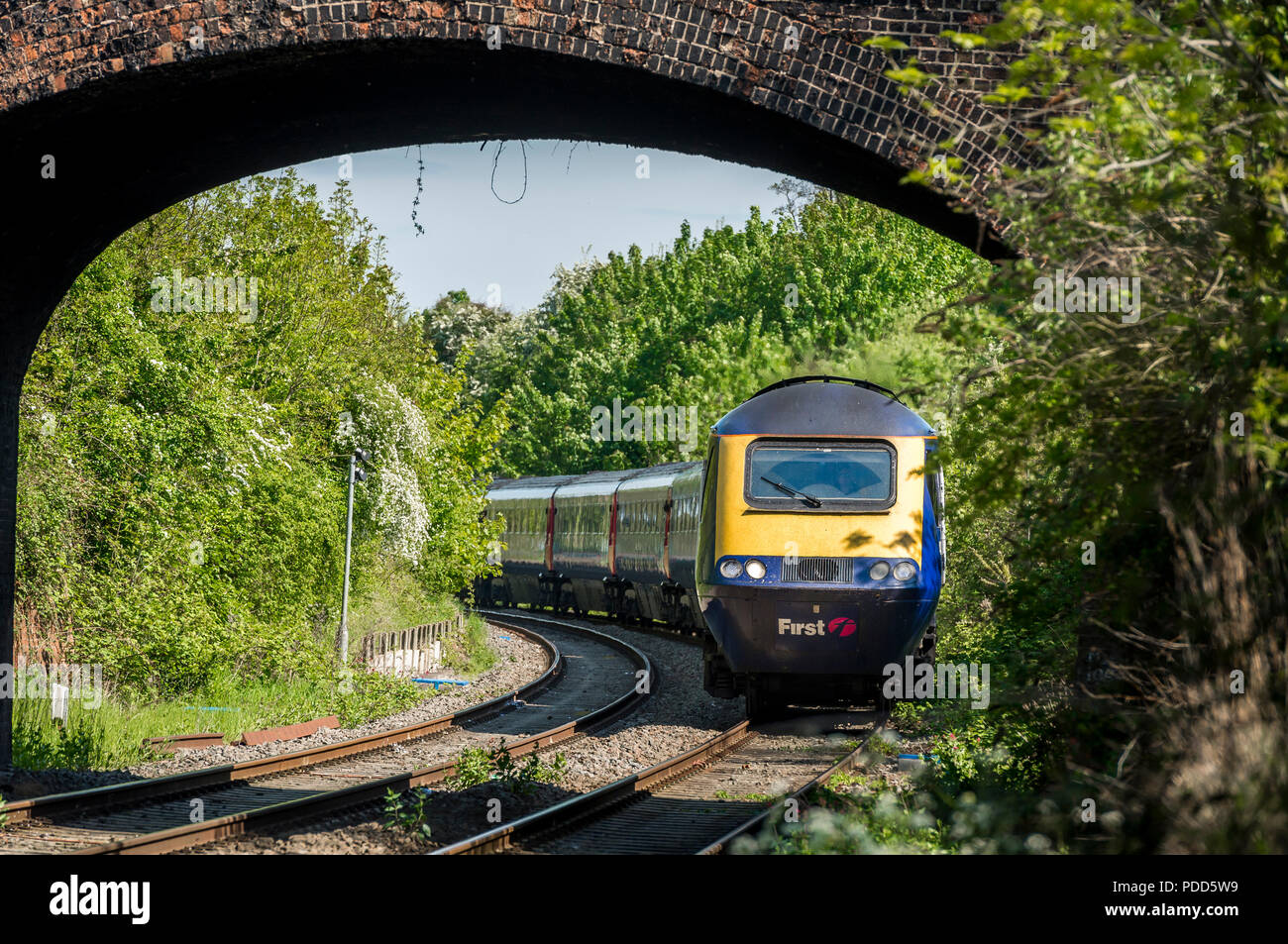 Class 43 train in First Great Western livery passing beneath a bridge. Stock Photo