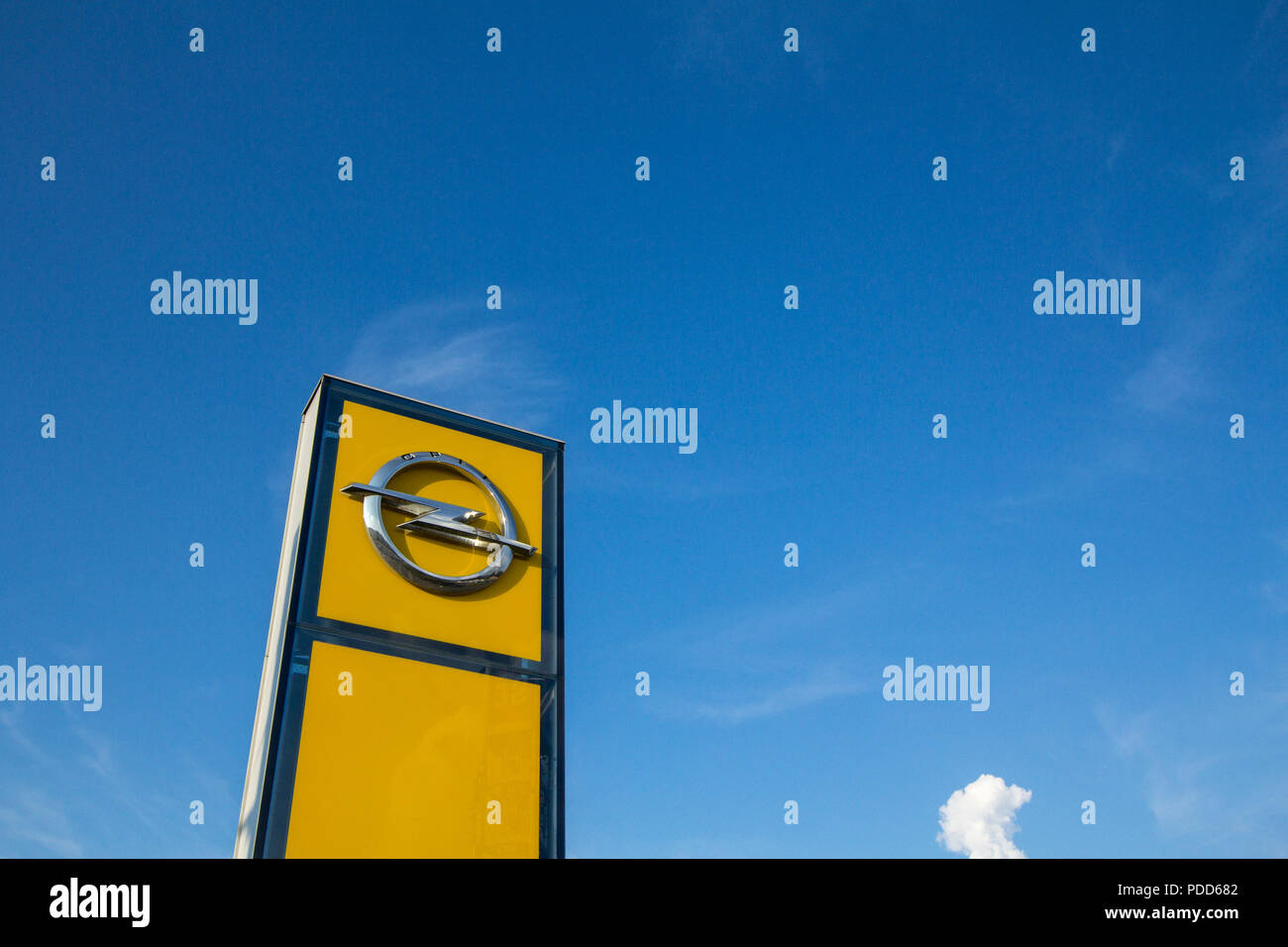BELGRADE, SERBIA - JULY 29, 2018: Opel logo on their main dealership store Belgrade. Opel is a German car and automotive manufacturer, part of PSA gro Stock Photo